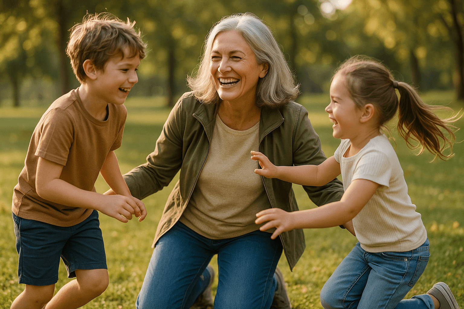 Happy grandmother playing with grandchildren