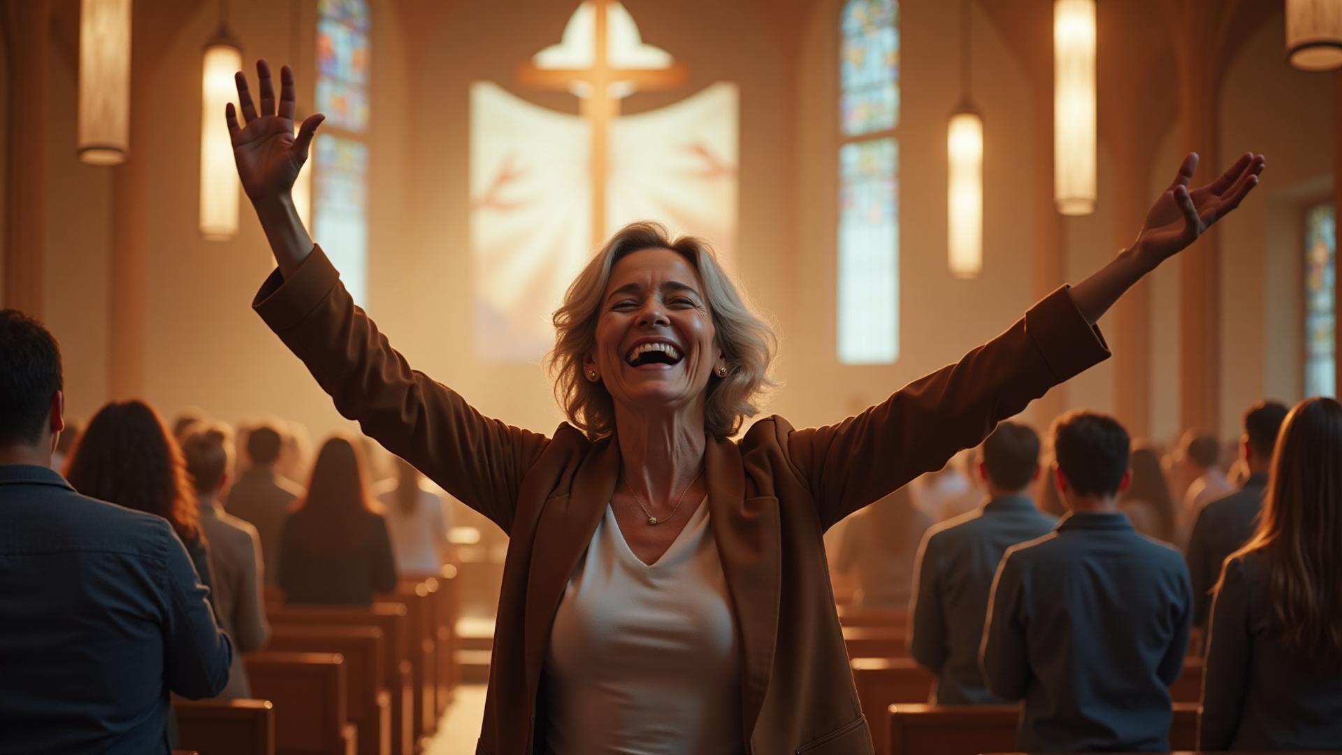 Woman worshiping freely at church without pain