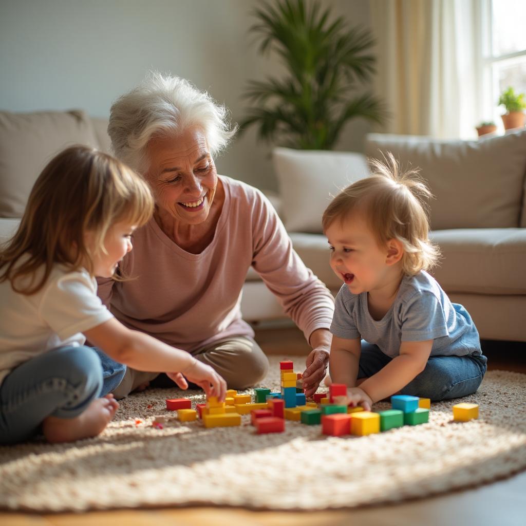 Grandmother playing joyfully with grandchildren