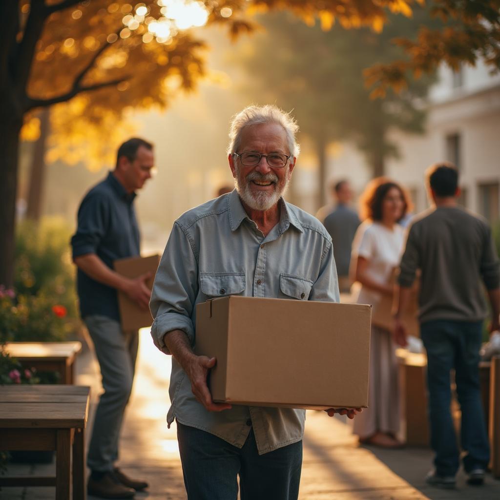 Senior man serving joyfully at church event