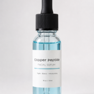 Copper Peptide Prep Serum in a 30 mL glass dropper bottle with pale blue serum, on a white background