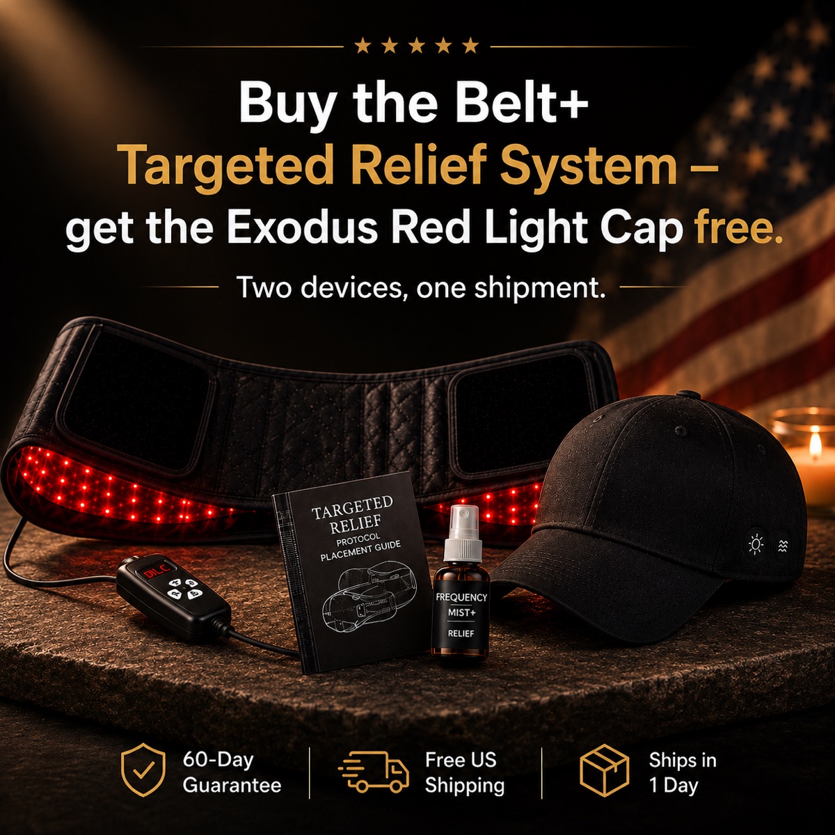 July 4th bundle: Belt+ Targeted Relief System plus a free Exodus Red Light Cap, plus the Targeted Relief Protocol guide and a Frequency Mist+ Relief sample. $294 value for $149.